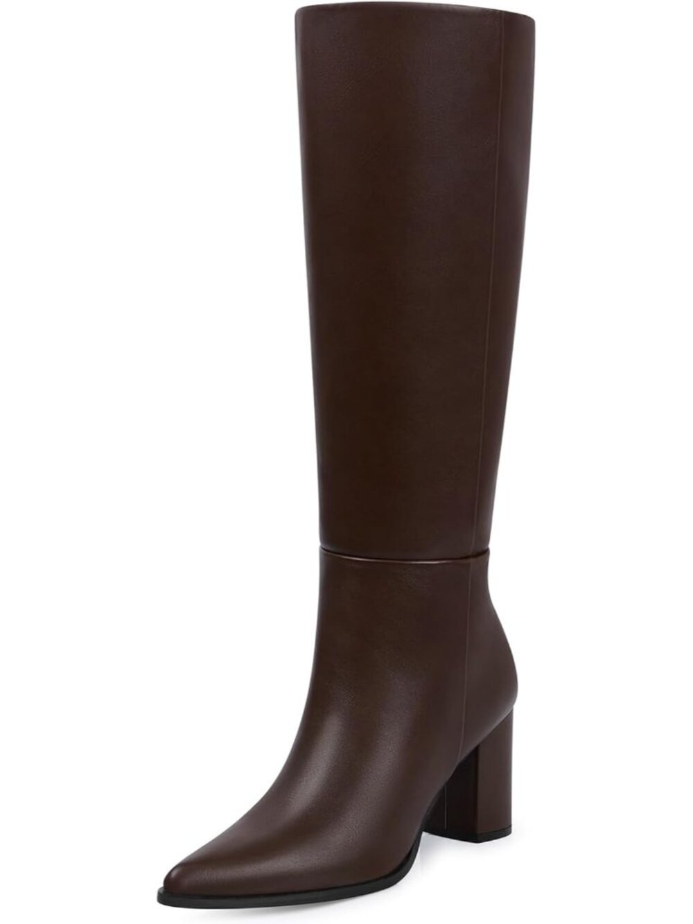 Women's Brown Pu Pointed Toe Chunky Heel Comfortable Wide Calf Knee High Boots